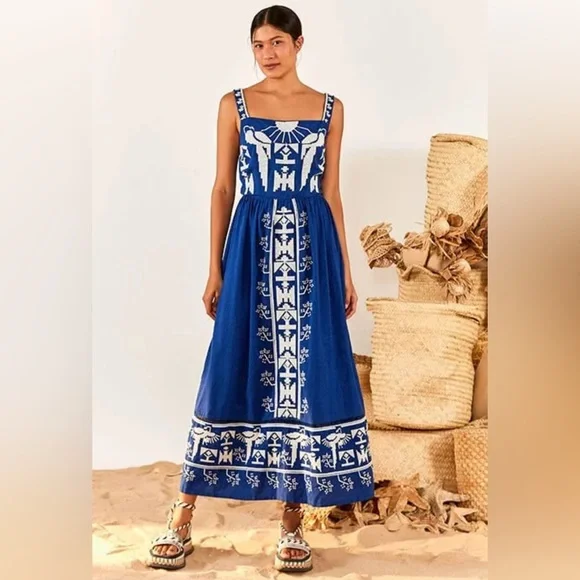 FARM Rio Macaw Sundress Medium Blue & White Embroidered Tropical Dress - Picture 5 of 12